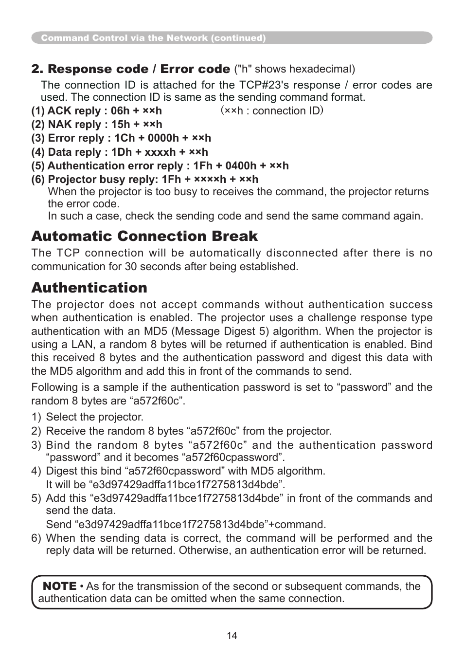 Automatic connection break, Authentication | PJLink CP-A220N User Manual | Page 14 / 32