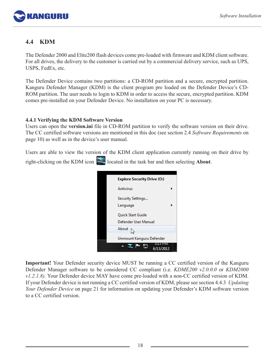 Verifying the kdm software version | Kanguru Common Criteria Evaluated v1.21 User Manual | Page 18 / 36