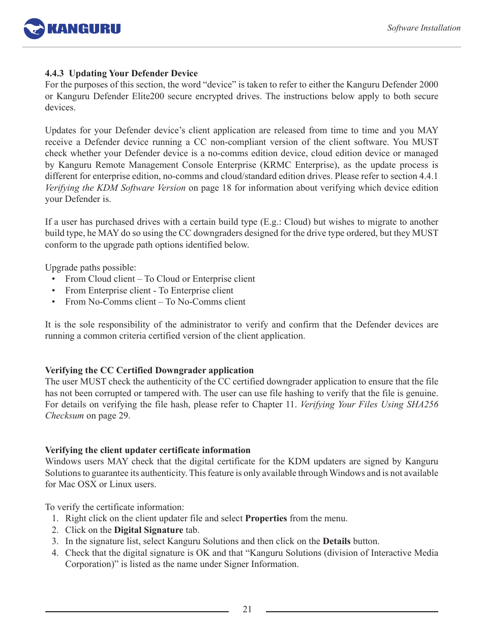 Updating your defender device, 3 updating | Kanguru Common Criteria Evaluated v1.21 User Manual | Page 21 / 36