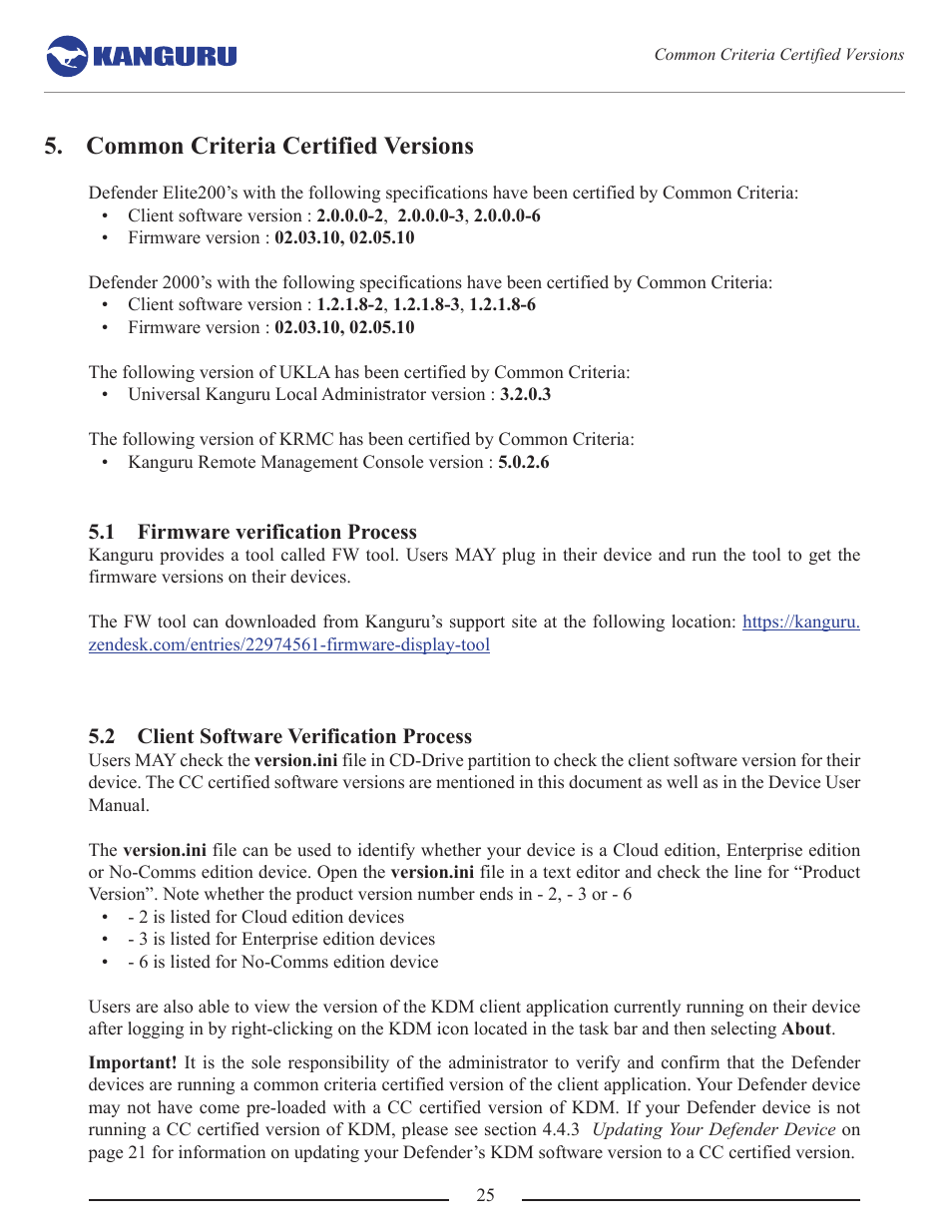 Common criteria certified versions, Firmware verification process, Client software verification process | Kanguru Common Criteria Evaluated v1.21 User Manual | Page 25 / 36