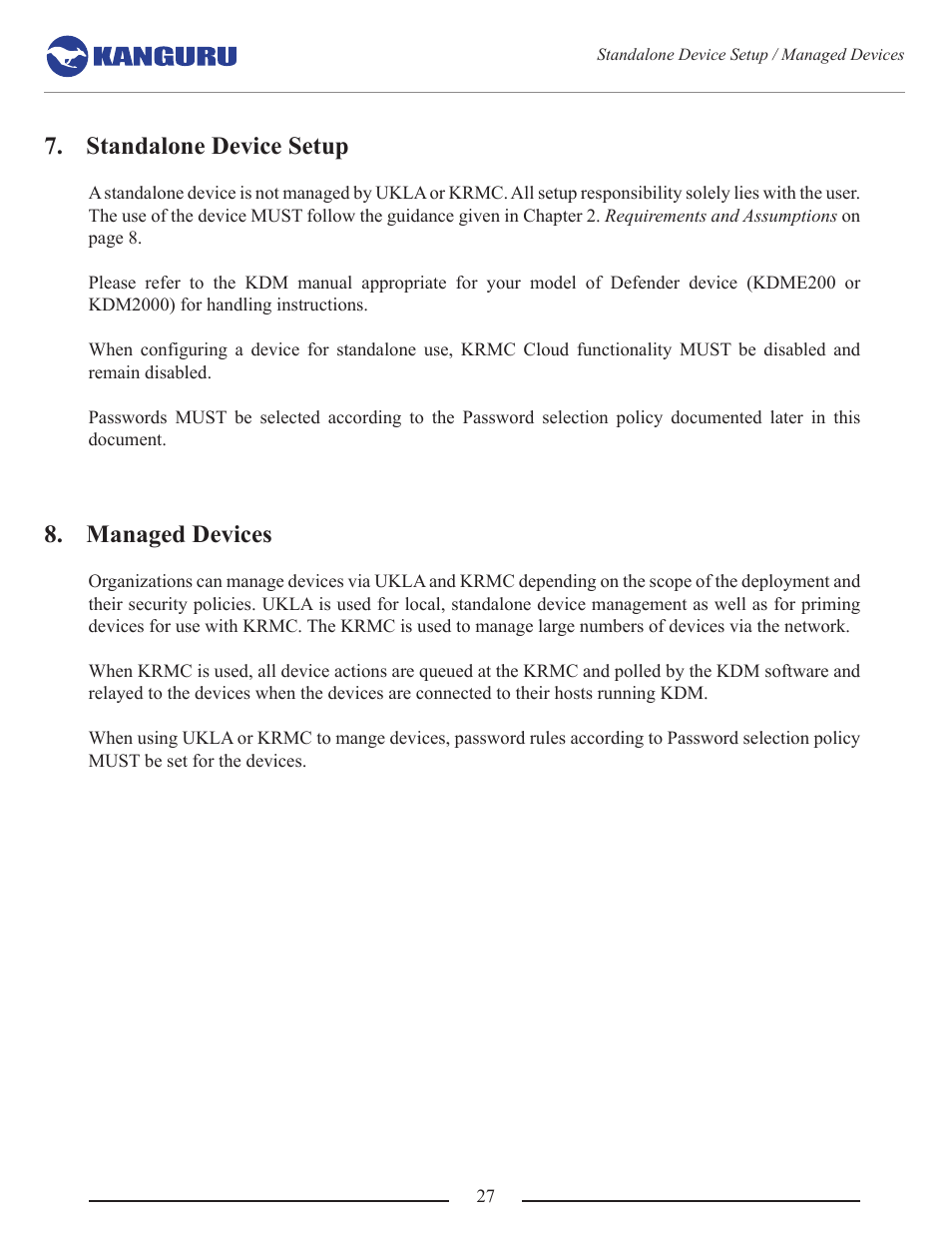Standalone device setup, Managed devices | Kanguru Common Criteria Evaluated v1.21 User Manual | Page 27 / 36