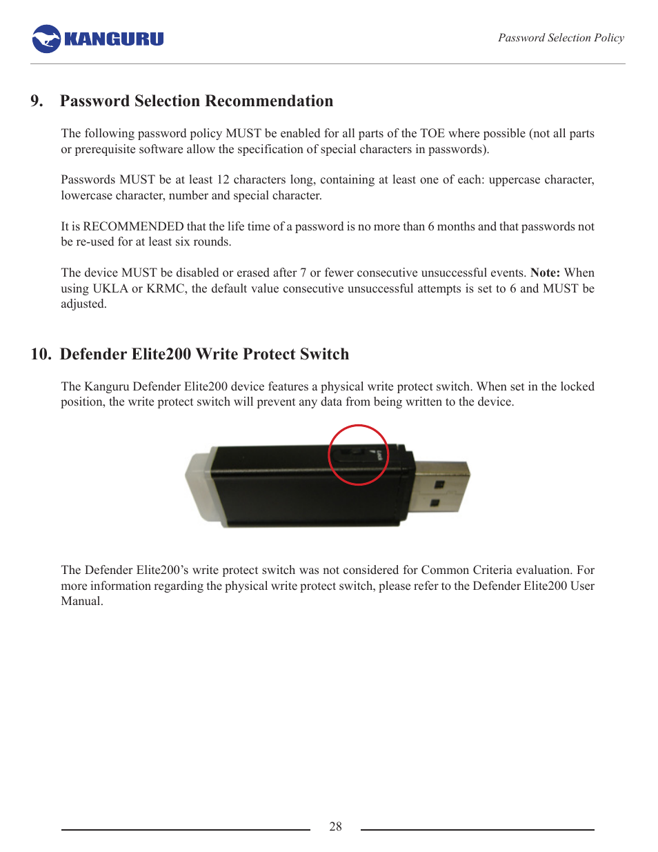 Password selection recommendation, Defender elite200 write protect switch | Kanguru Common Criteria Evaluated v1.21 User Manual | Page 28 / 36