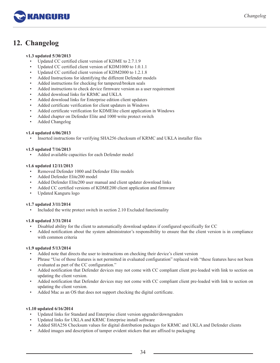 Changelog | Kanguru Common Criteria Evaluated v1.21 User Manual | Page 34 / 36