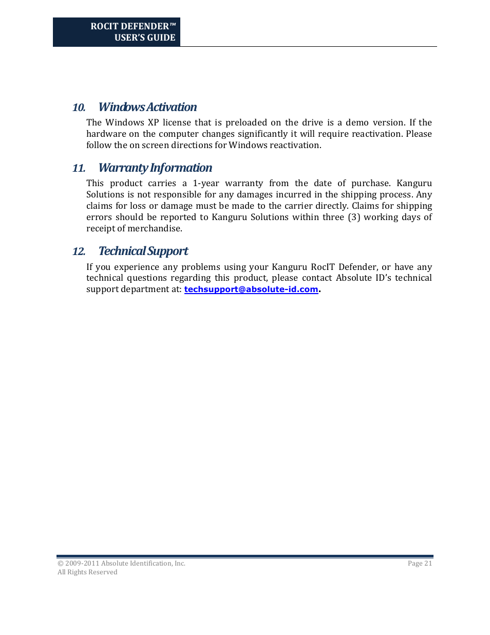 Windows activation, Warranty information, Technical support | Kanguru RocIT Defender User Manual | Page 21 / 21