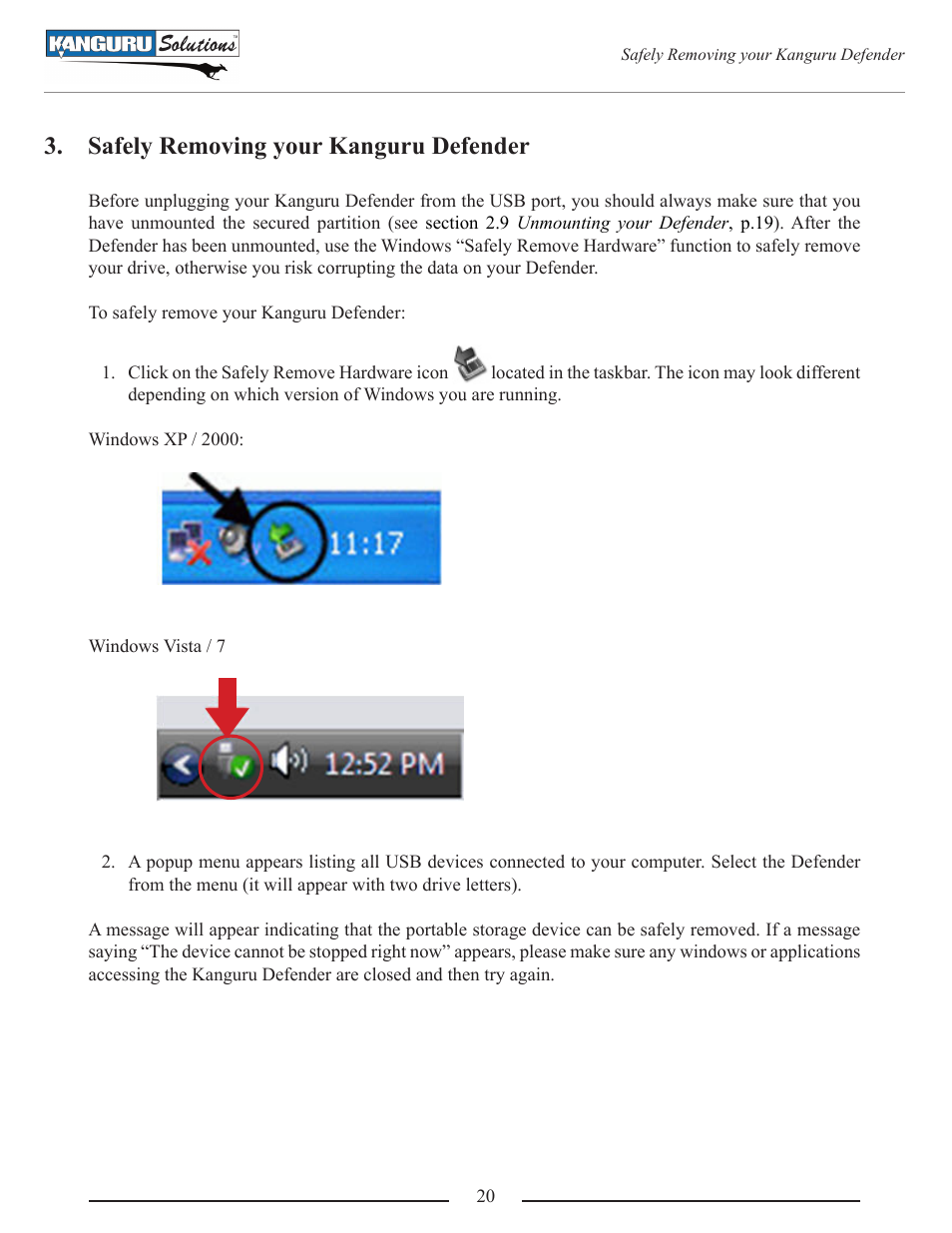 Safely removing your kanguru defender | Kanguru Defender User Manual | Page 20 / 22