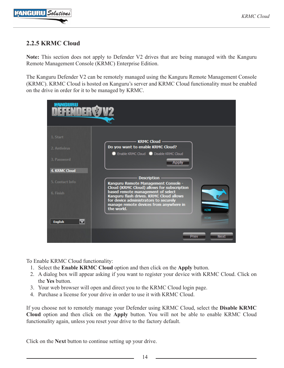 Krmc cloud | Kanguru Defender V2 User Manual | Page 14 / 30