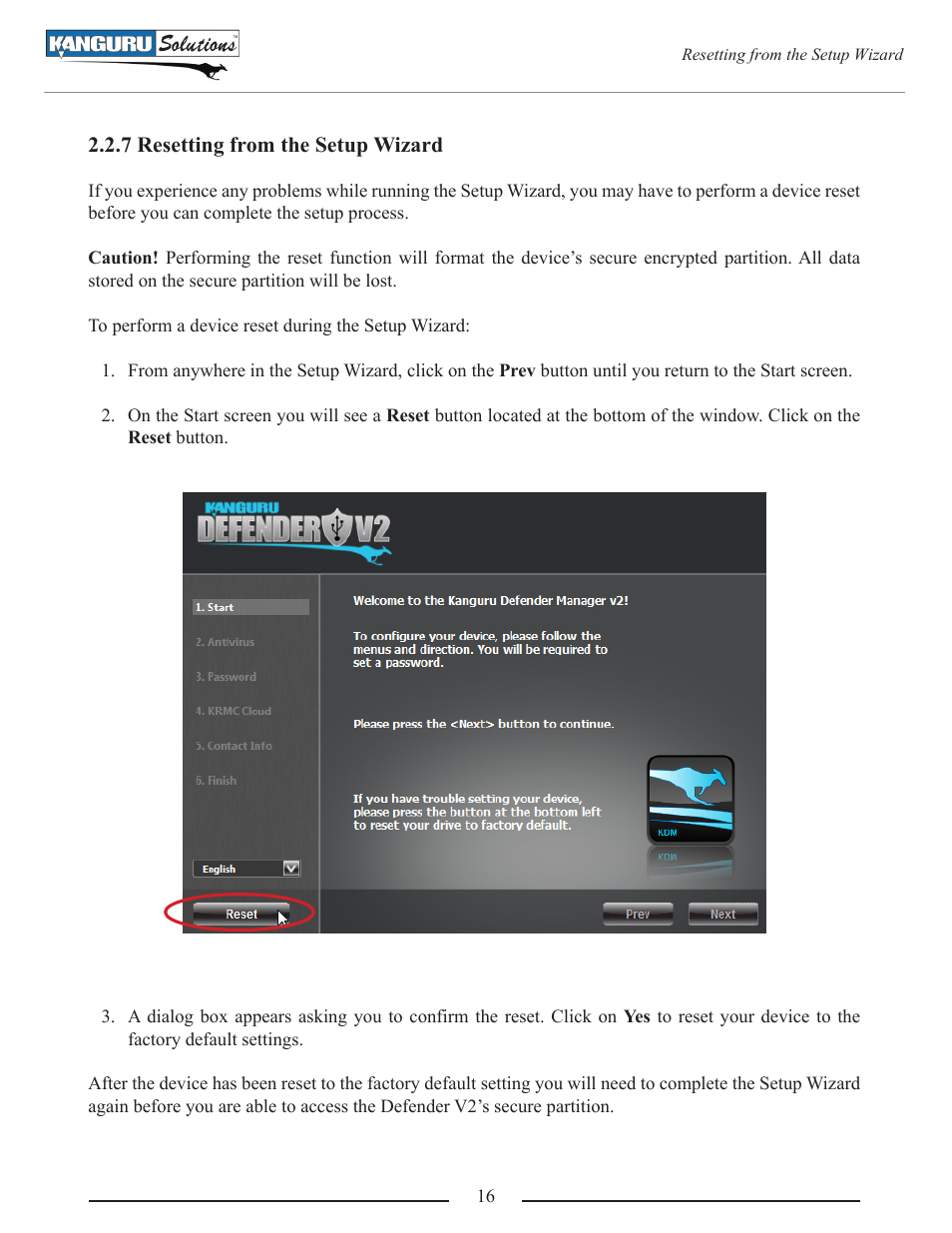 Resetting from the setup wizard | Kanguru Defender V2 User Manual | Page 16 / 30