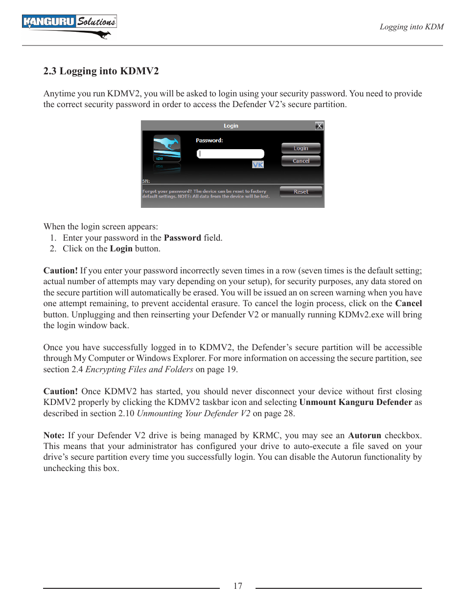 Logging into kdmv2 | Kanguru Defender V2 User Manual | Page 17 / 30