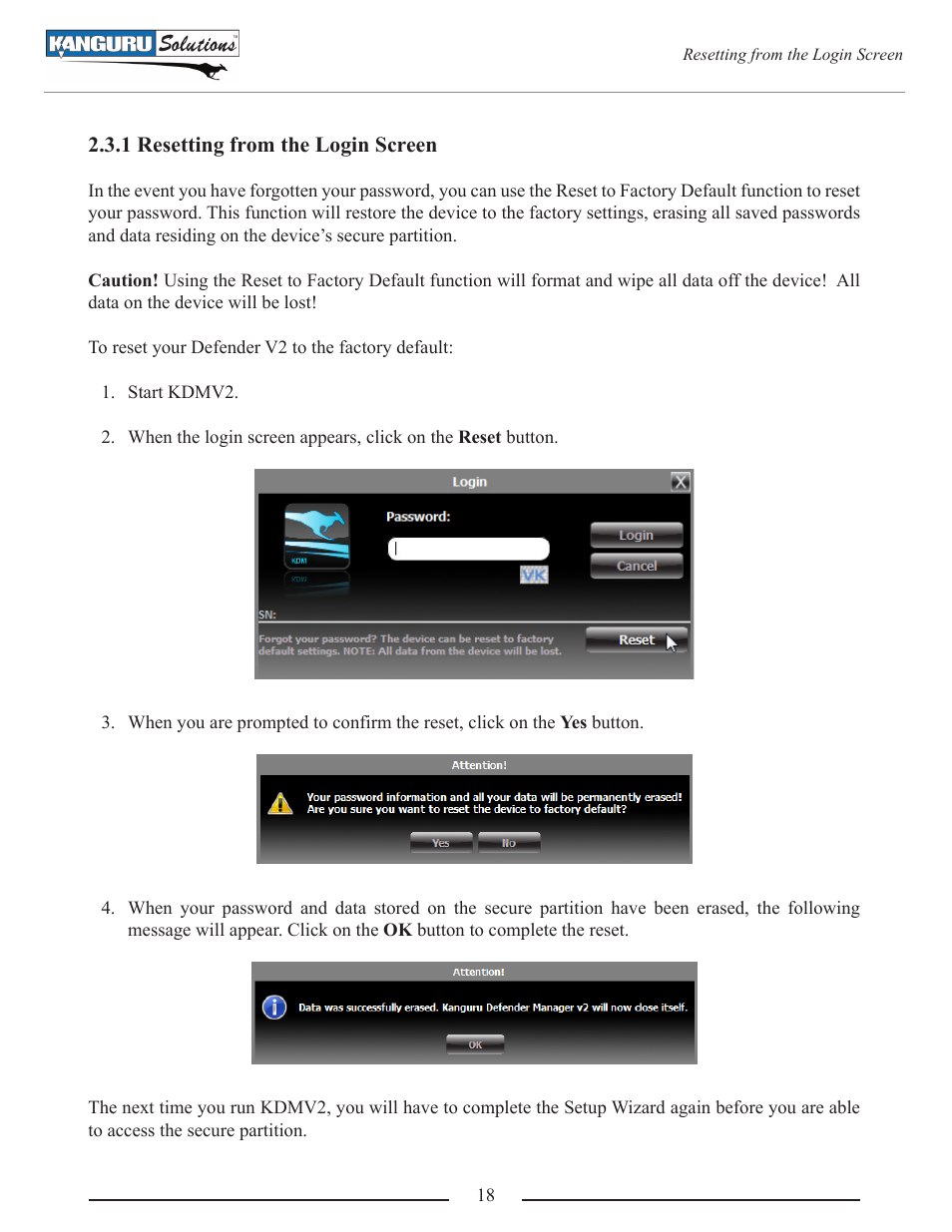 Resetting from the login screen | Kanguru Defender V2 User Manual | Page 18 / 30