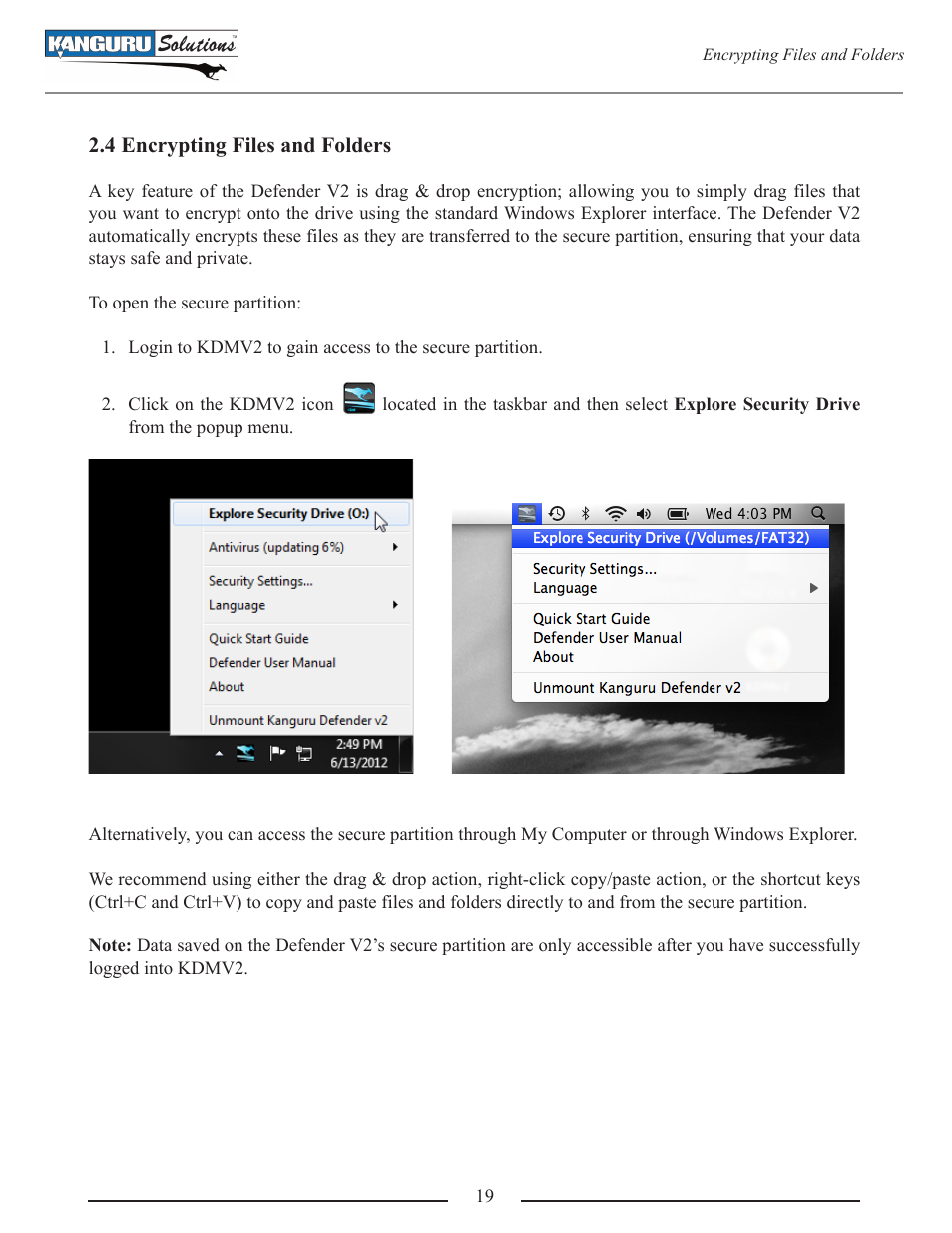 Encrypting files and folders | Kanguru Defender V2 User Manual | Page 19 / 30