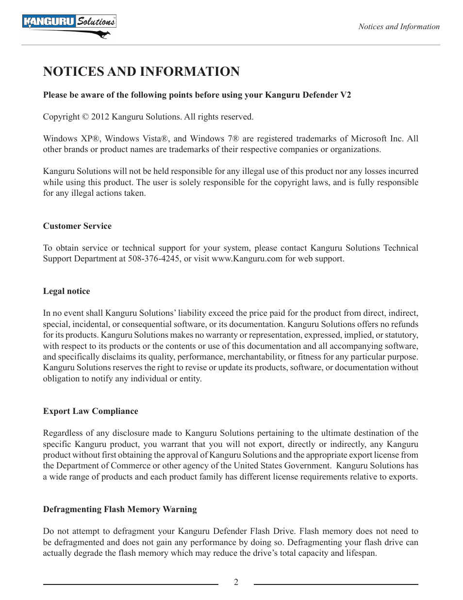 Notices and information | Kanguru Defender V2 User Manual | Page 2 / 30