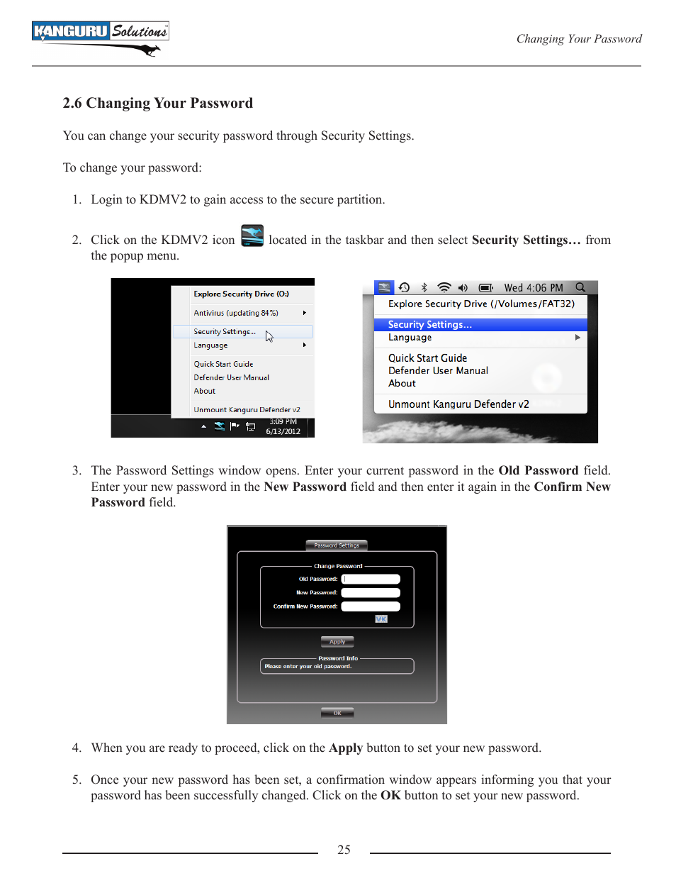 Changing your password | Kanguru Defender V2 User Manual | Page 25 / 30