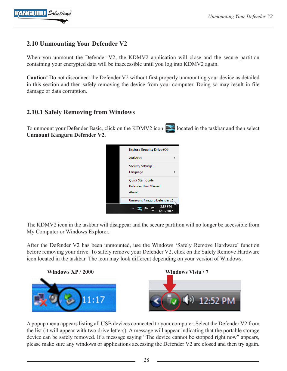 Unmounting your defender v2, 1 safely removing from windows | Kanguru Defender V2 User Manual | Page 28 / 30