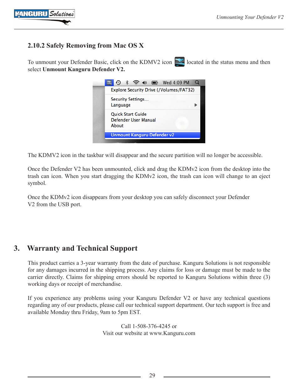 2 safely removing from mac os x, Warranty and technical support | Kanguru Defender V2 User Manual | Page 29 / 30