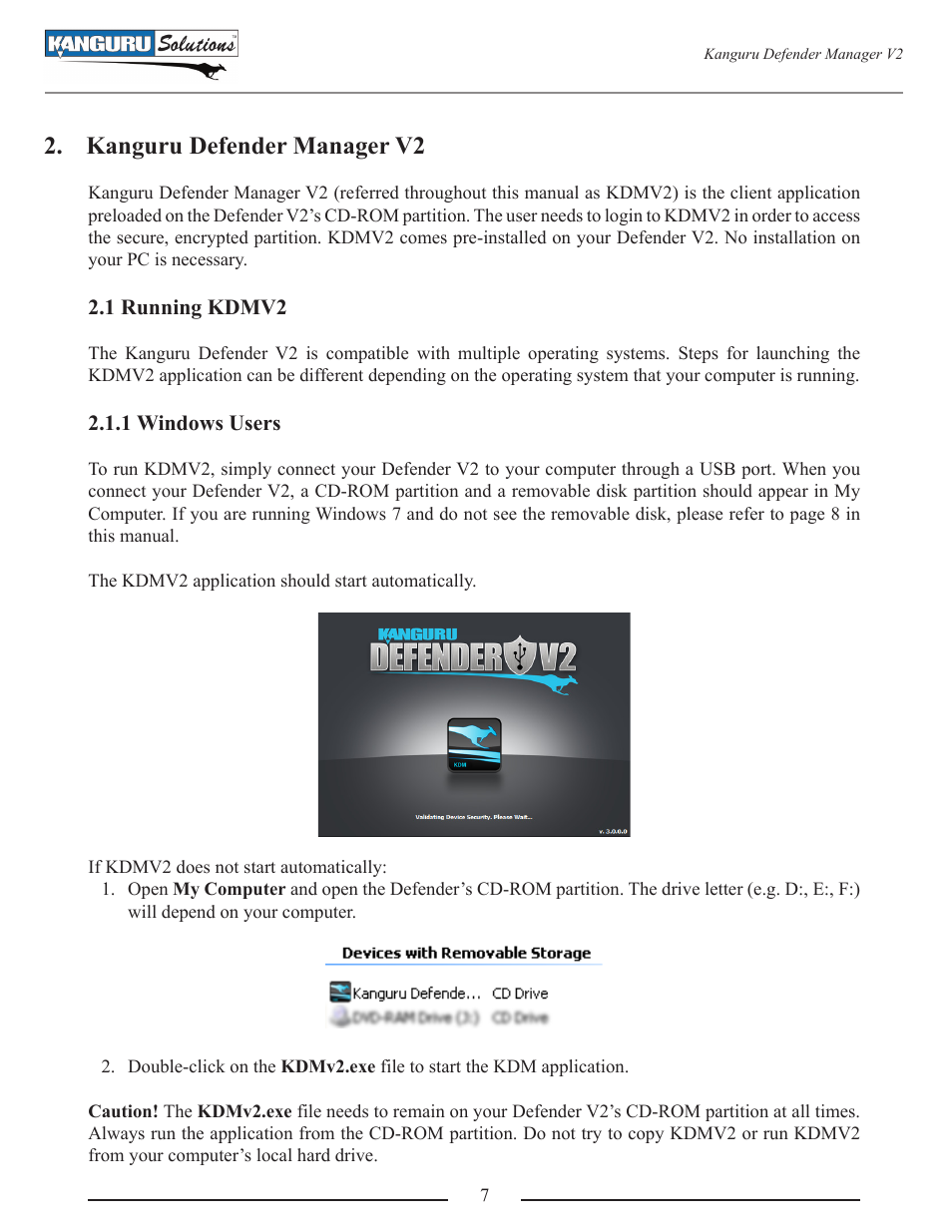 Kanguru defender manager v2, Running kdmv2, Windows users | Kanguru Defender V2 User Manual | Page 7 / 30