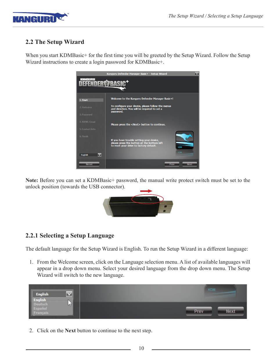 2 the setup wizard, 1 selecting a setup language | Kanguru Defender Basic+ User Manual | Page 10 / 33