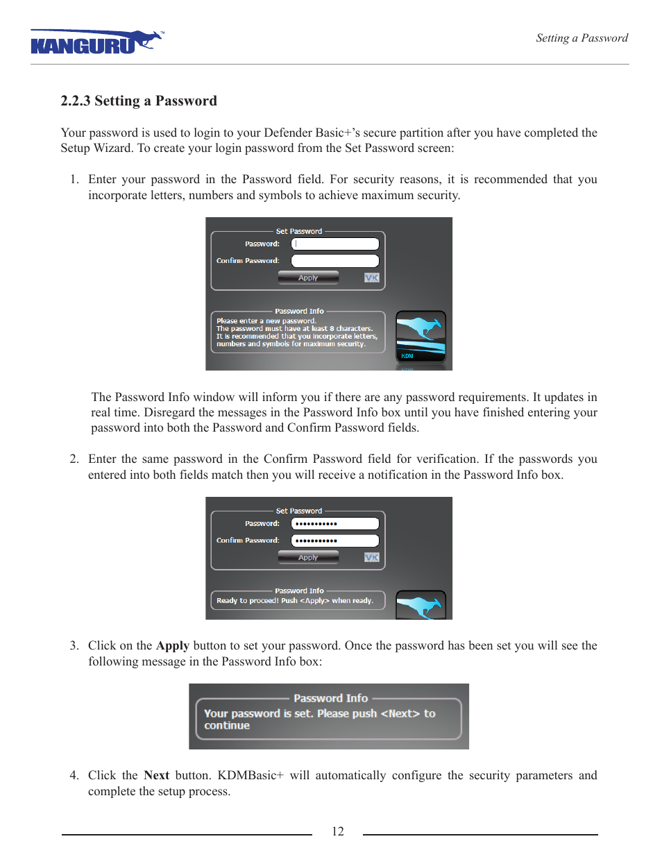 3 setting a password | Kanguru Defender Basic+ User Manual | Page 12 / 33