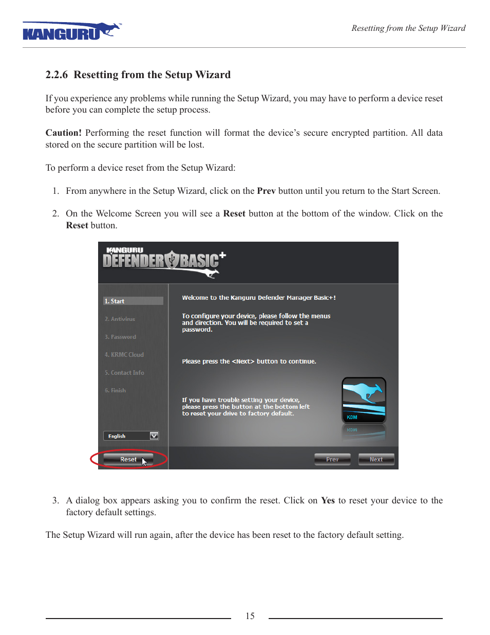 6 resetting from the setup wizard | Kanguru Defender Basic+ User Manual | Page 15 / 33
