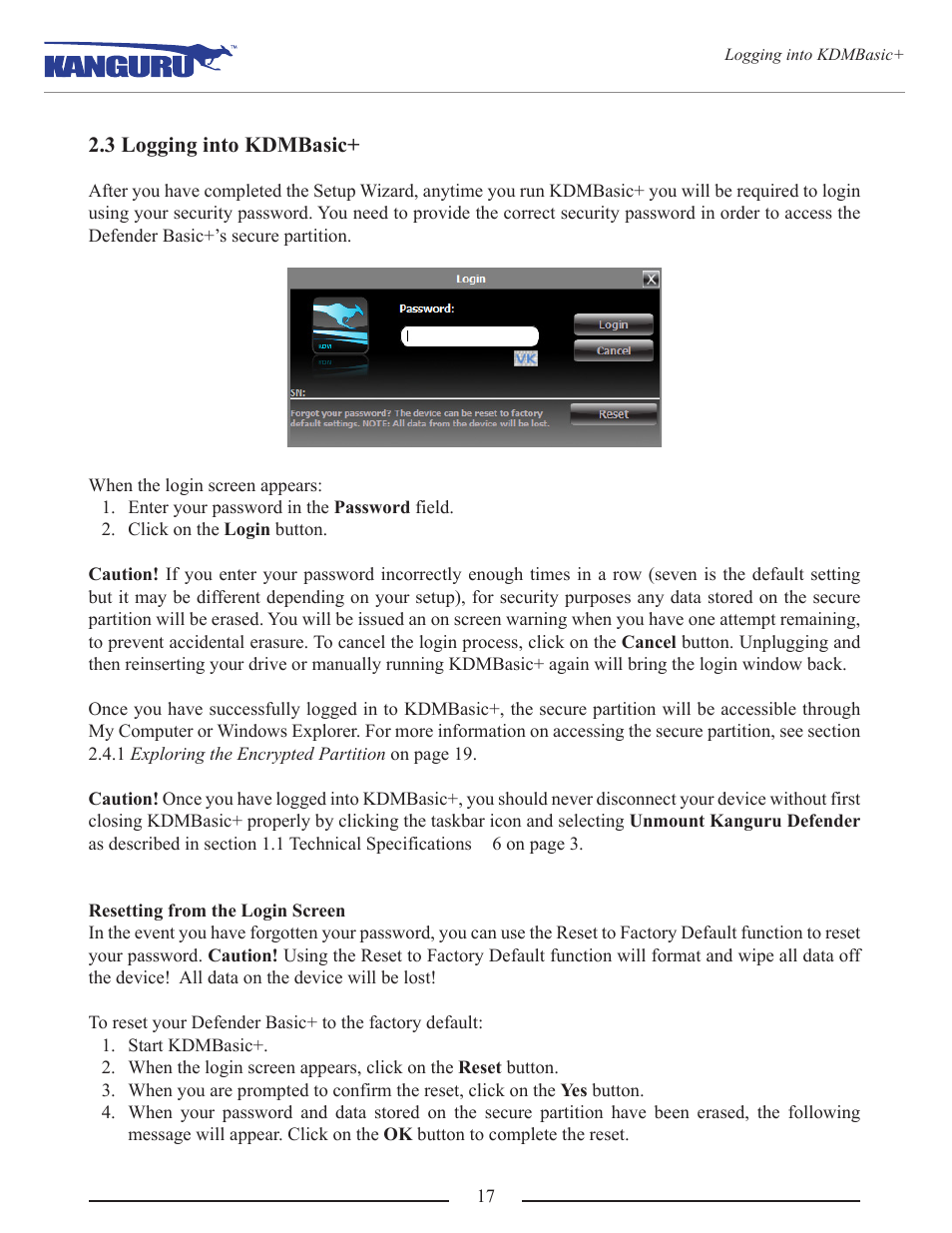3 logging into kdmbasic | Kanguru Defender Basic+ User Manual | Page 17 / 33