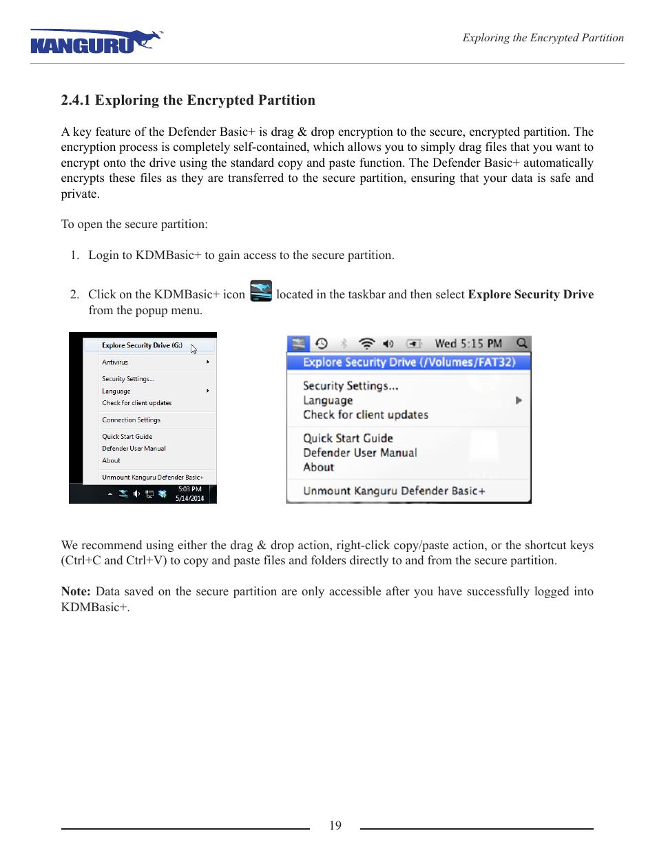 1 exploring the encrypted partition | Kanguru Defender Basic+ User Manual | Page 19 / 33