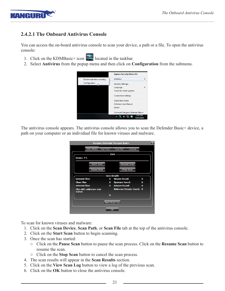 1 the onboard antivirus console | Kanguru Defender Basic+ User Manual | Page 21 / 33