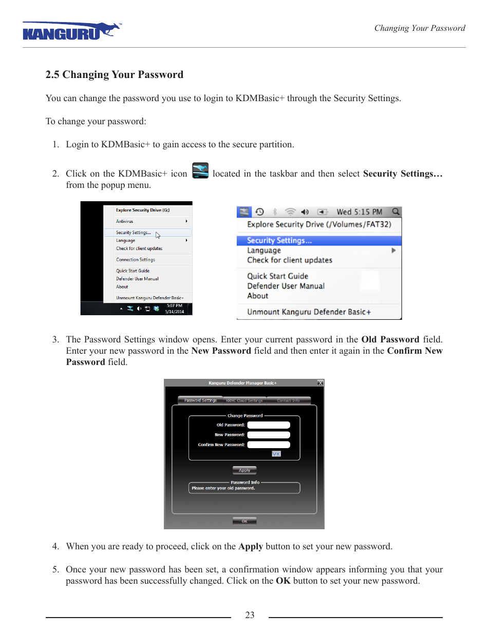 5 changing your password | Kanguru Defender Basic+ User Manual | Page 23 / 33