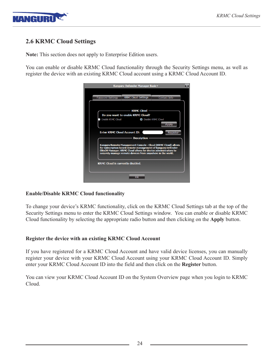 6 krmc cloud settings | Kanguru Defender Basic+ User Manual | Page 24 / 33