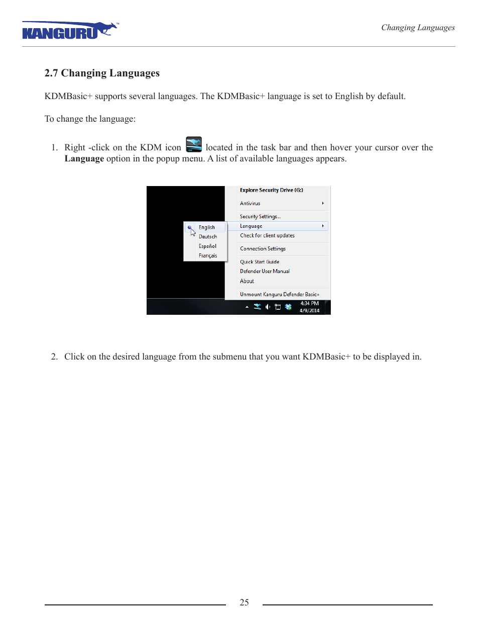 7 changing languages | Kanguru Defender Basic+ User Manual | Page 25 / 33