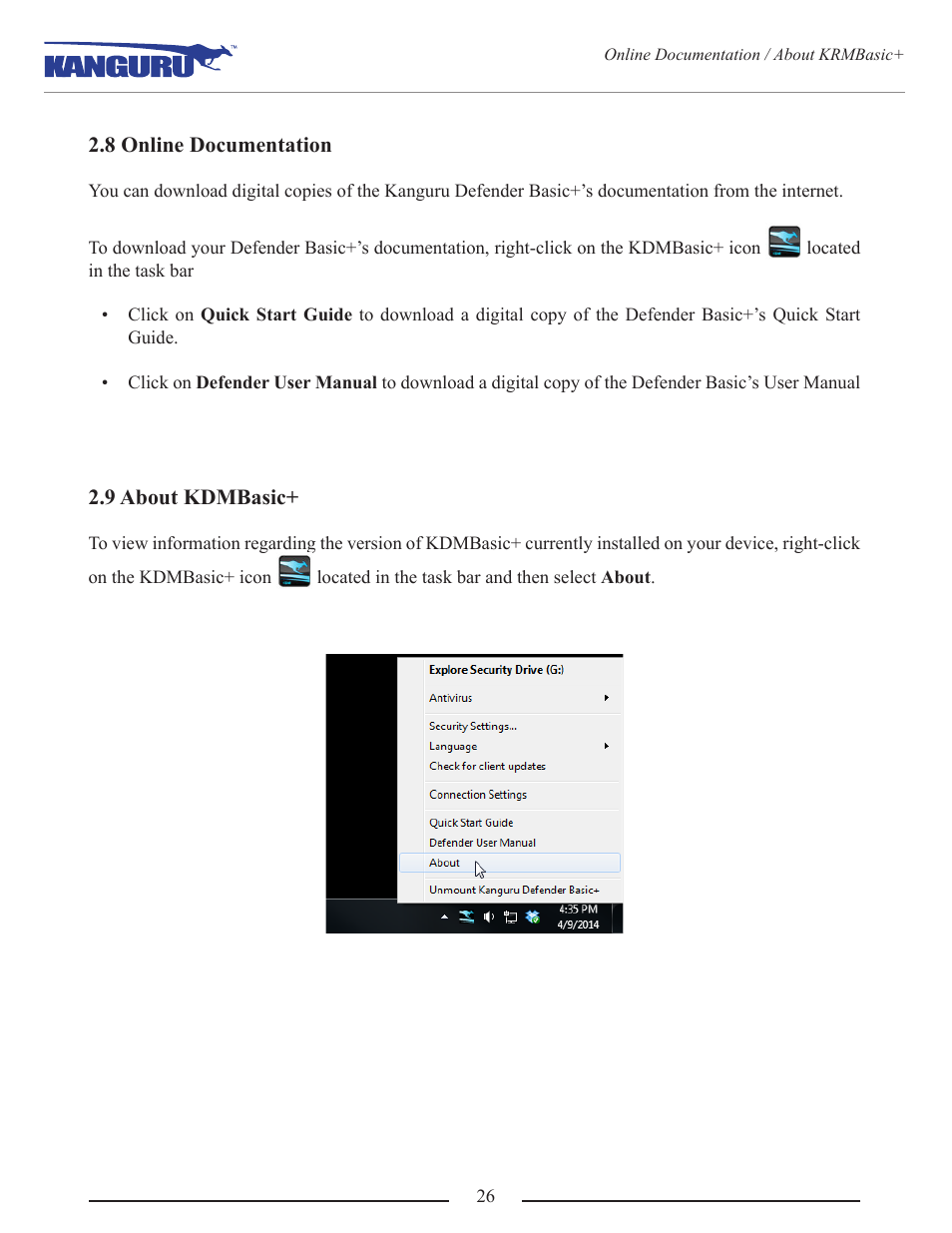 8 online documentation, 9 about kdmbasic | Kanguru Defender Basic+ User Manual | Page 26 / 33