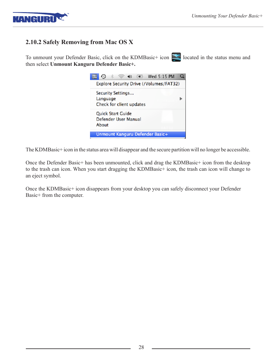 Safely removing from mac os x | Kanguru Defender Basic+ User Manual | Page 28 / 33
