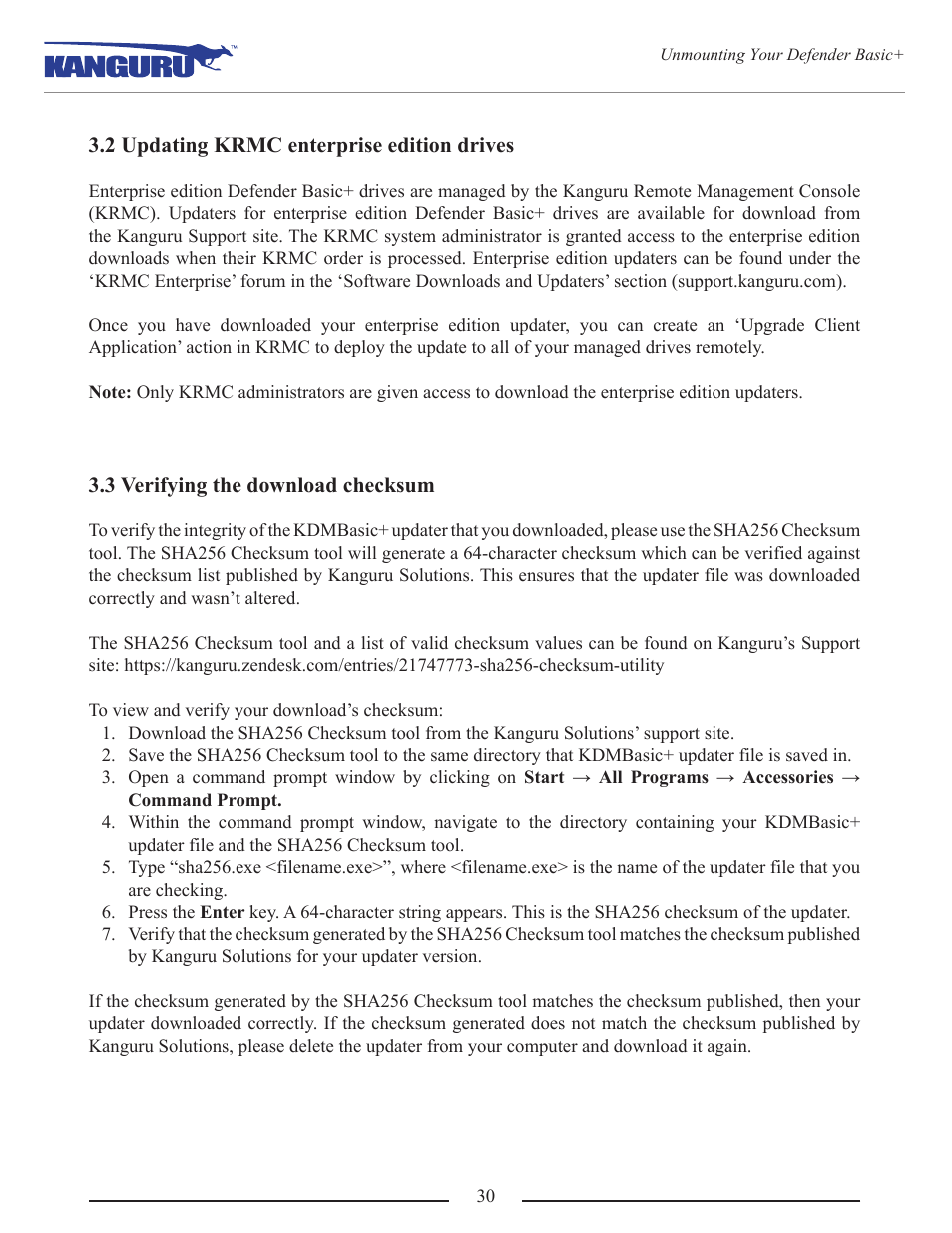2 updating krmc enterprise edition drives, 3 verifying the download checksum | Kanguru Defender Basic+ User Manual | Page 30 / 33