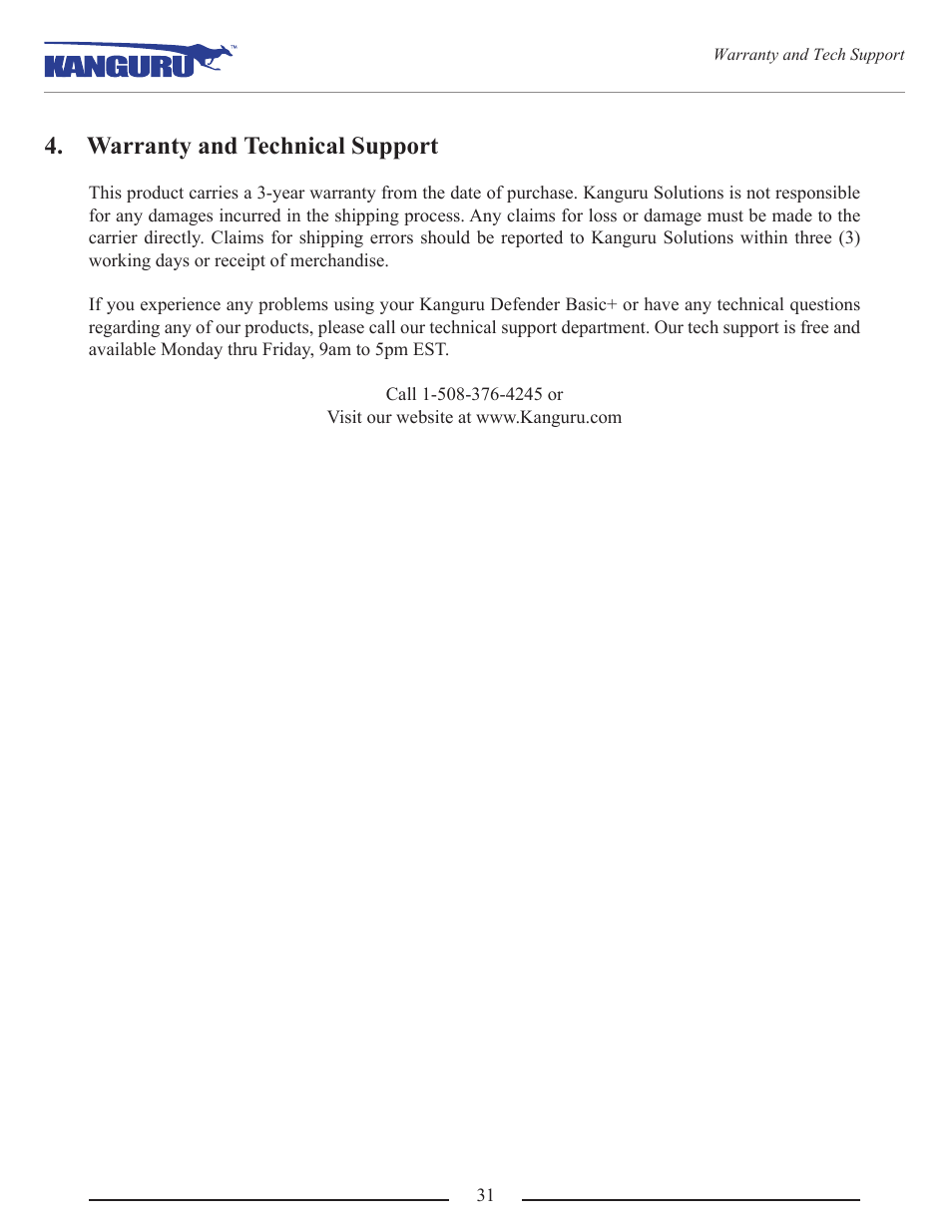 Warranty and technical support | Kanguru Defender Basic+ User Manual | Page 31 / 33