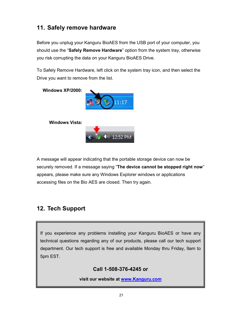 Safely remove hardware, Tech support | Kanguru Bio AES User Manual | Page 22 / 22