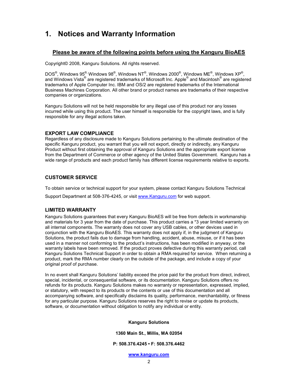 Notices and warranty information | Kanguru Bio AES User Manual | Page 3 / 22