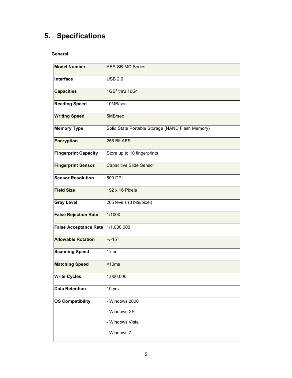 Specifications | Kanguru Bio AES User Manual | Page 6 / 22