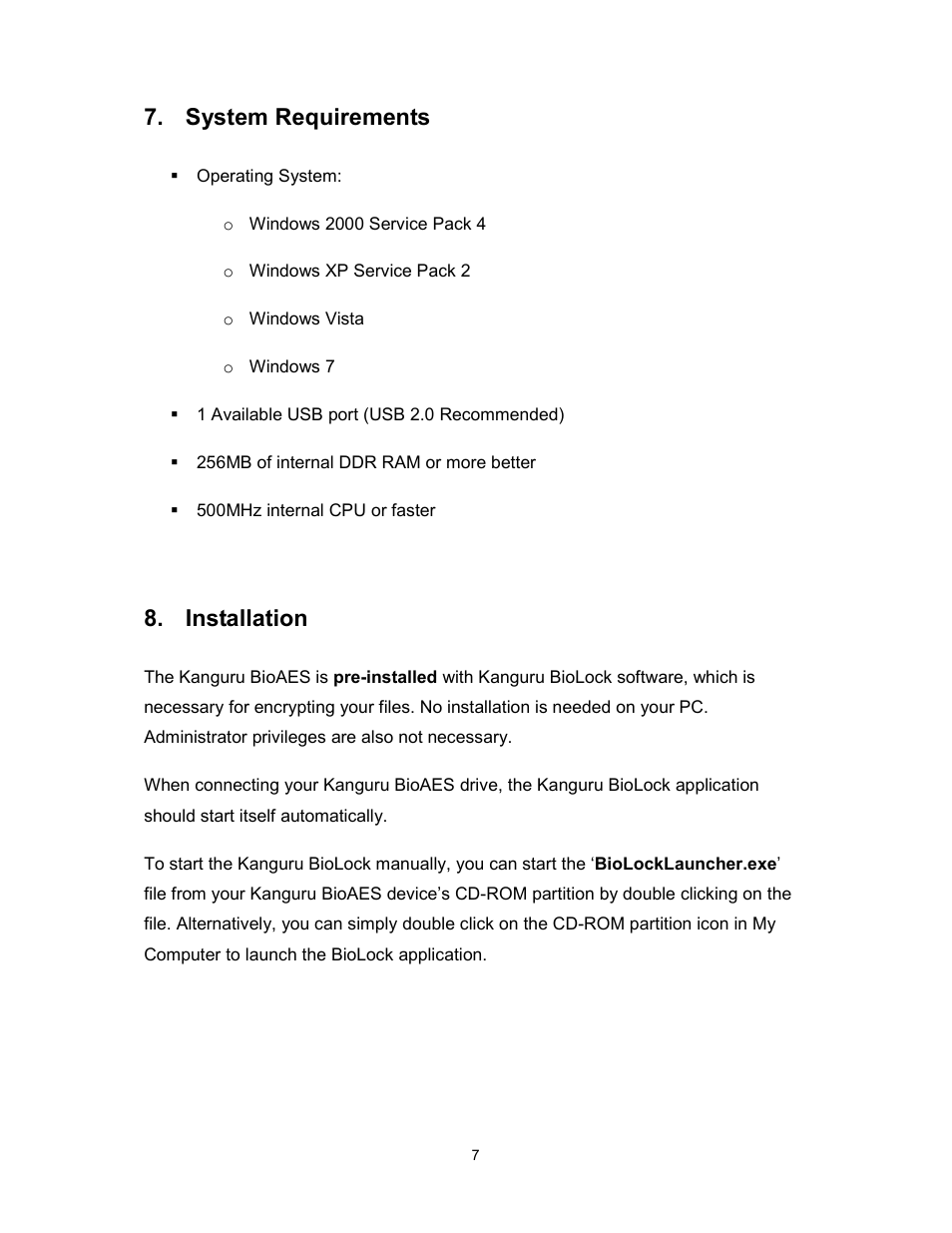 System requirements, Installation | Kanguru Bio AES User Manual | Page 8 / 22