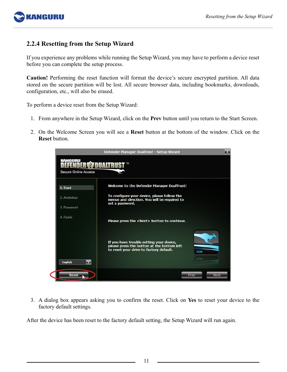 4 resetting from the setup wizard | Kanguru DualTrust User Manual | Page 11 / 25