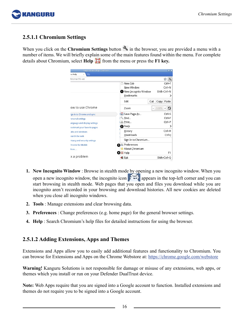 1 chromium settings, 2 adding extensions, apps and themes | Kanguru DualTrust User Manual | Page 16 / 25