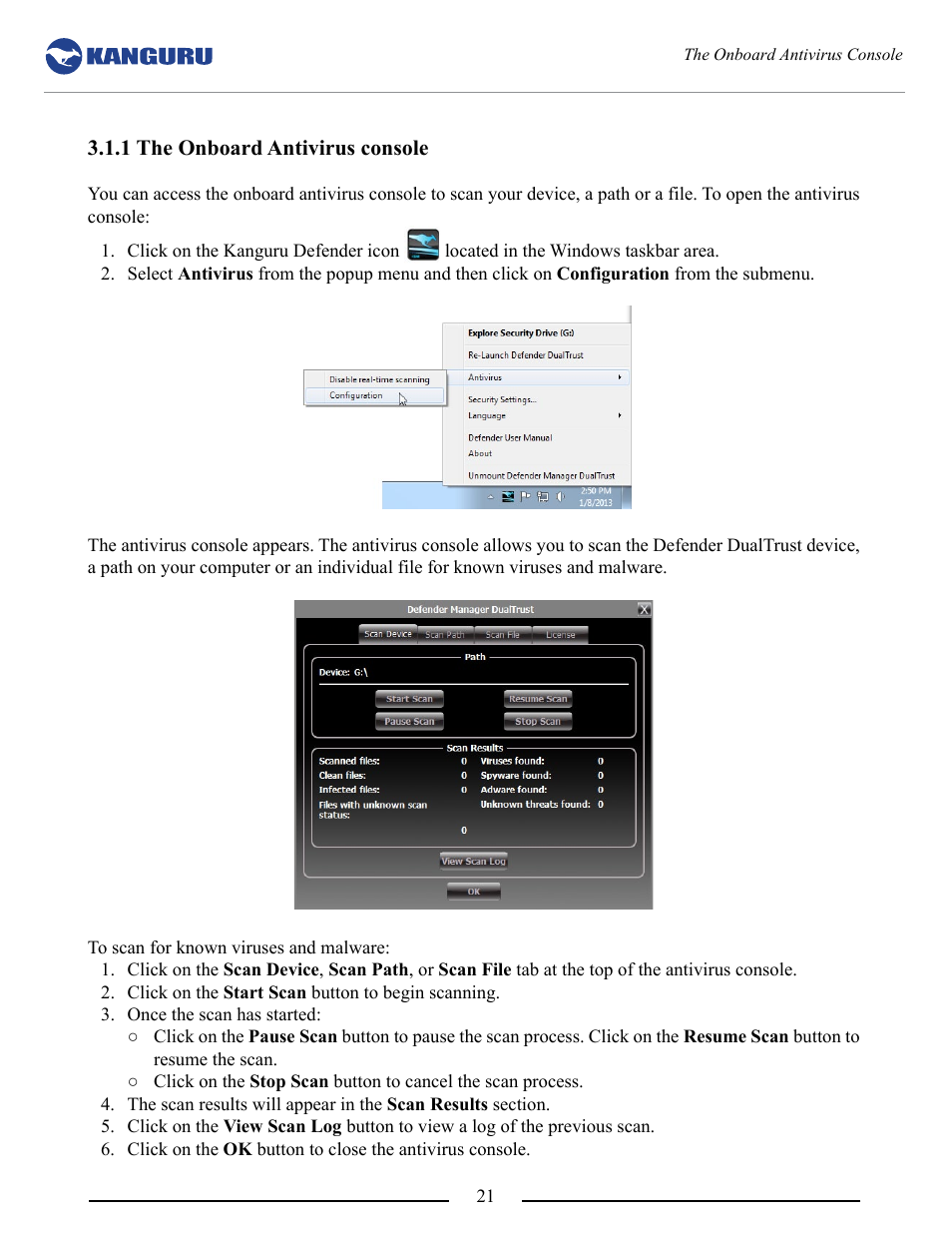 1 the onboard antivirus console | Kanguru DualTrust User Manual | Page 21 / 25