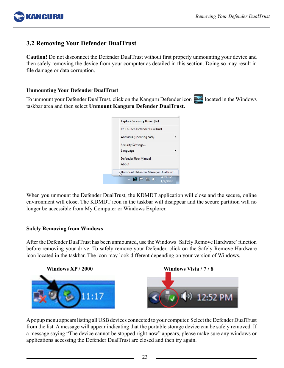 2 removing your defender dualtrust | Kanguru DualTrust User Manual | Page 23 / 25