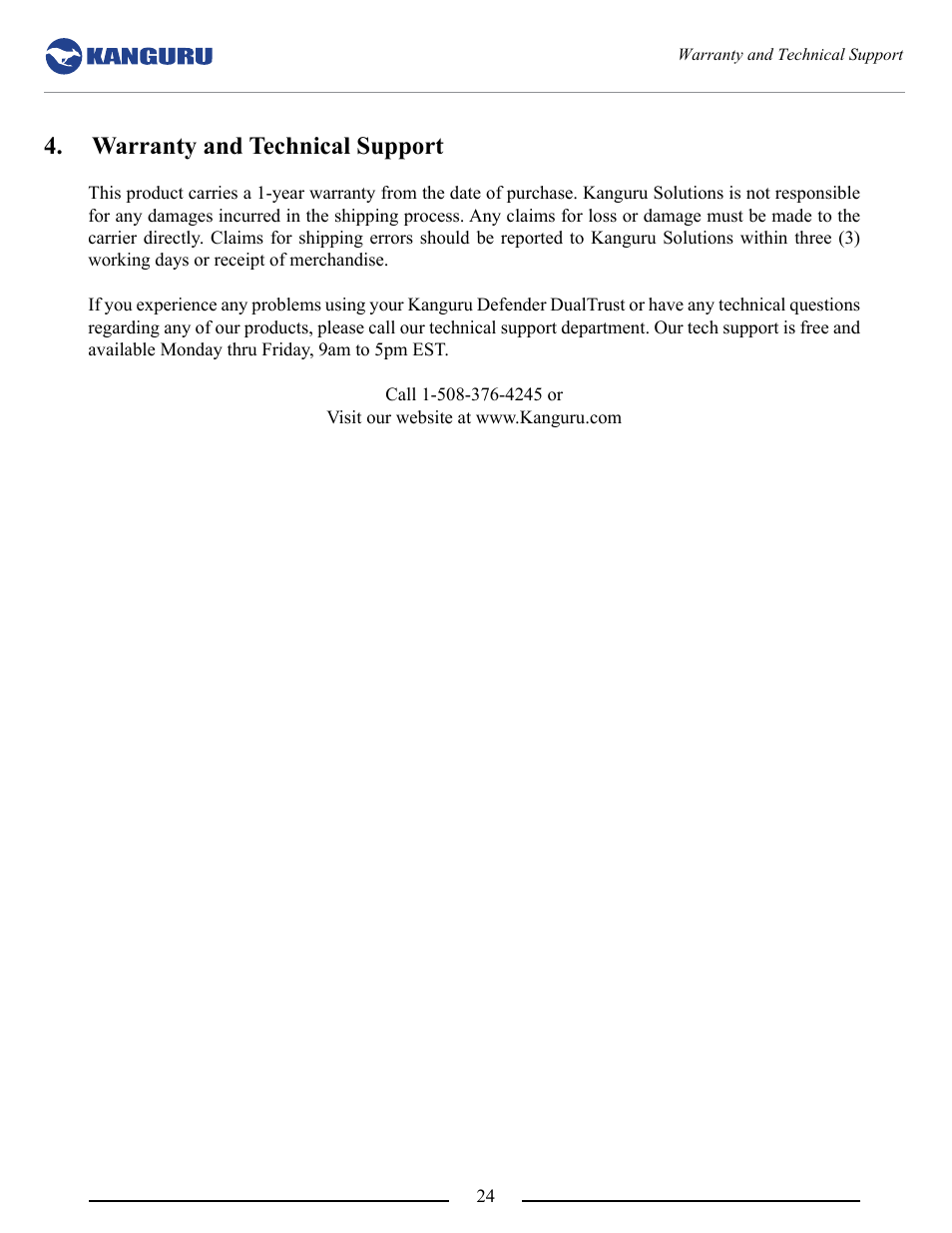 Warranty and technical support | Kanguru DualTrust User Manual | Page 24 / 25