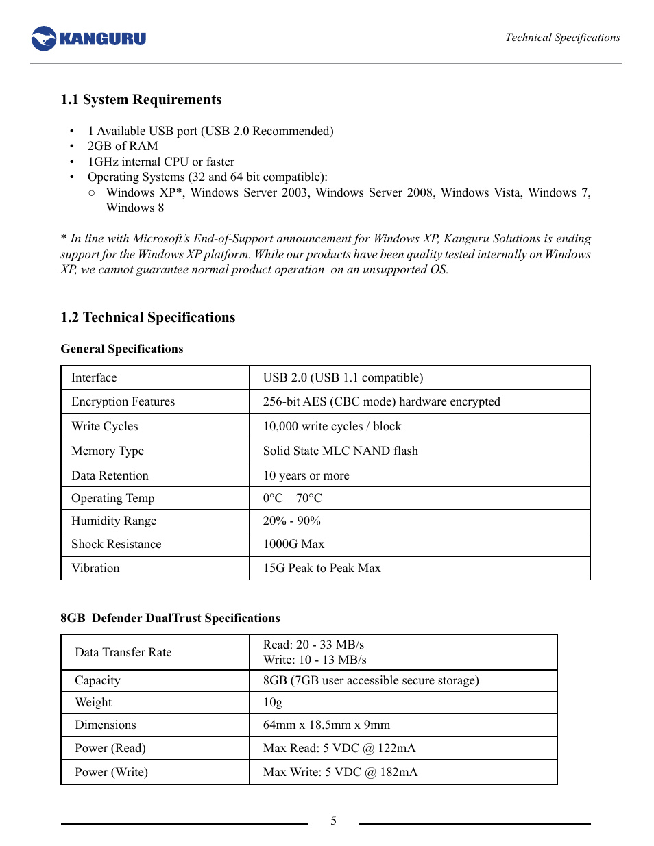 1 system requirements, 2 technical specifications | Kanguru DualTrust User Manual | Page 5 / 25