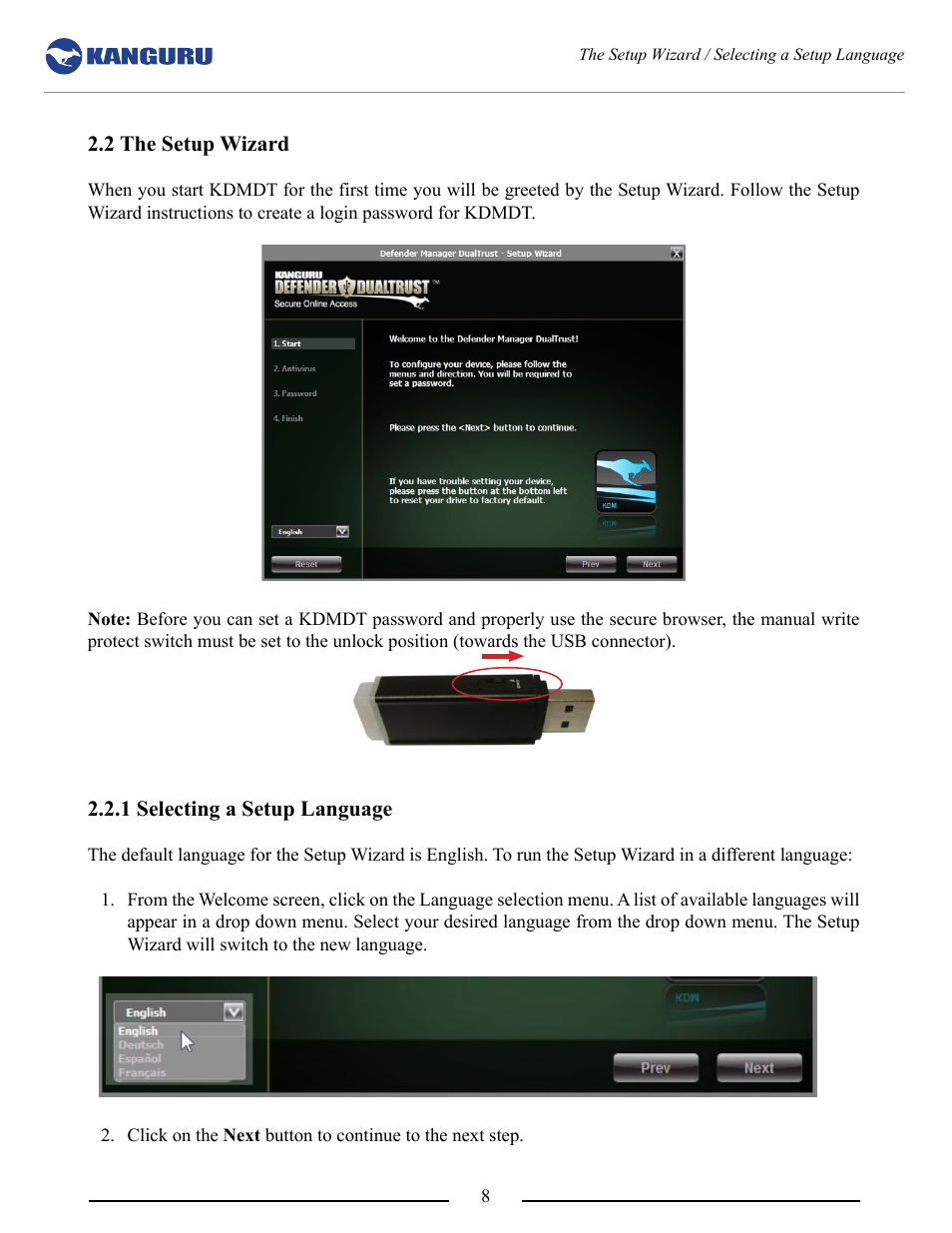 2 the setup wizard, 1 selecting a setup language | Kanguru DualTrust User Manual | Page 8 / 25