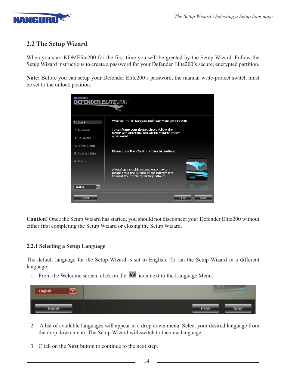 2 the setup wizard, 1 selecting a setup language | Kanguru Defender Elite200 User Manual | Page 14 / 40