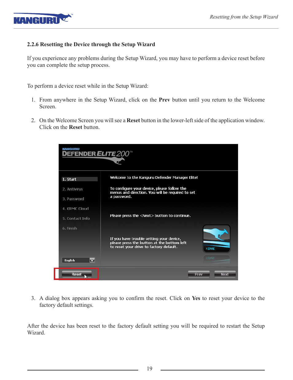 6 resetting the device through the setup wizard | Kanguru Defender Elite200 User Manual | Page 19 / 40