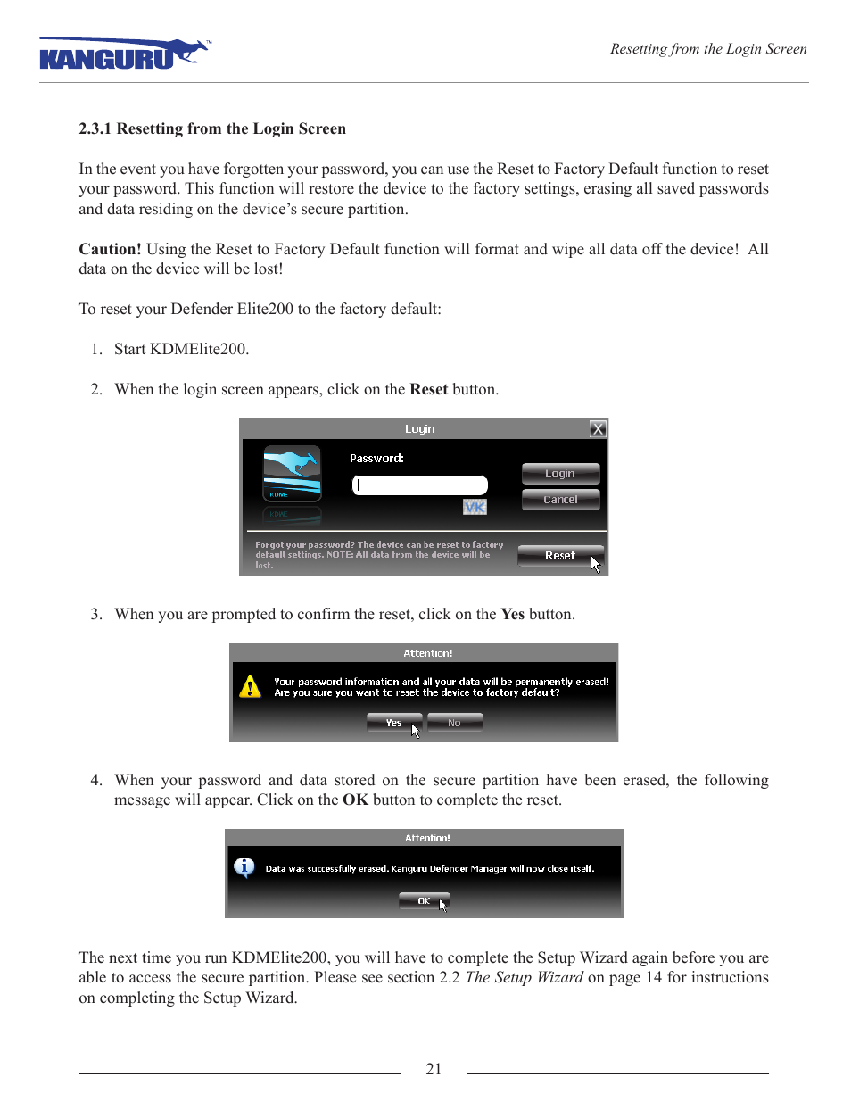 1 resetting from the login screen | Kanguru Defender Elite200 User Manual | Page 21 / 40
