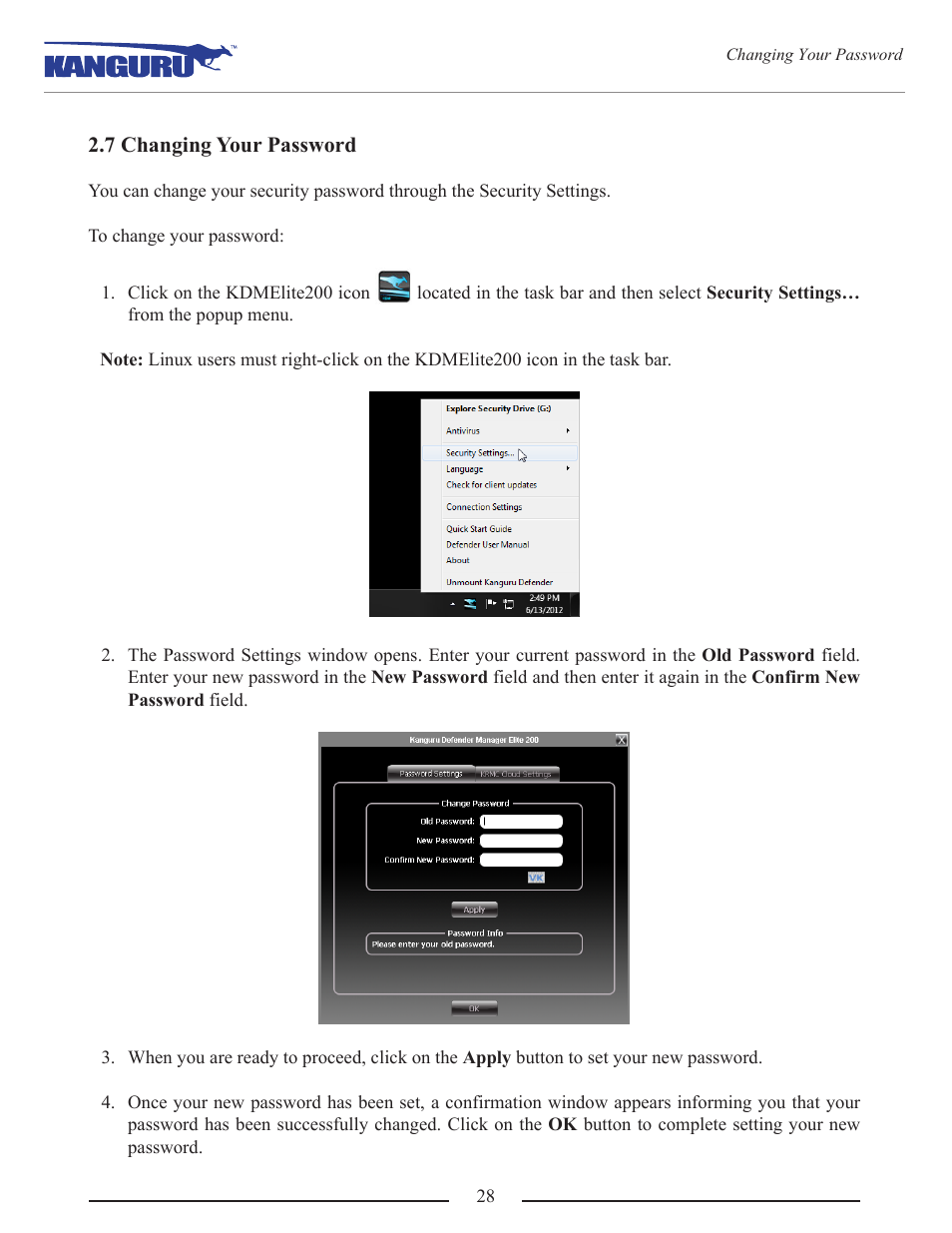 7 changing your password | Kanguru Defender Elite200 User Manual | Page 28 / 40