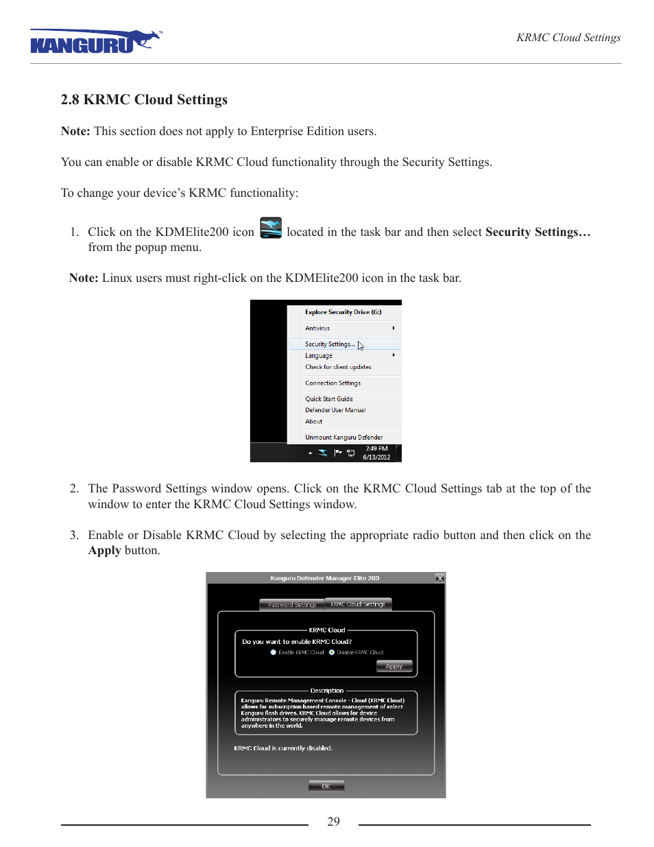 8 krmc cloud settings | Kanguru Defender Elite200 User Manual | Page 29 / 40