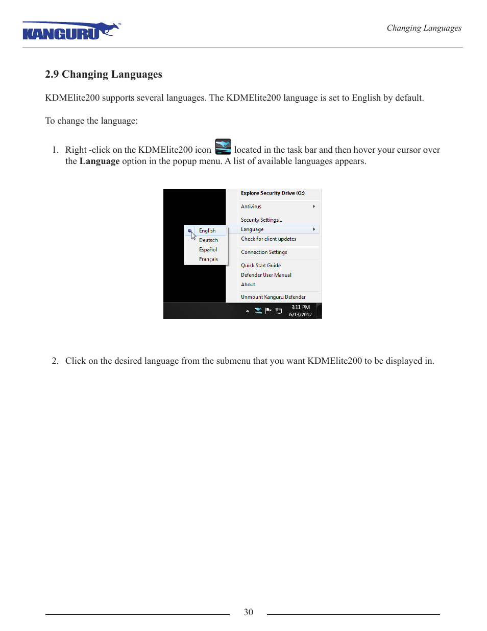 9 changing languages | Kanguru Defender Elite200 User Manual | Page 30 / 40