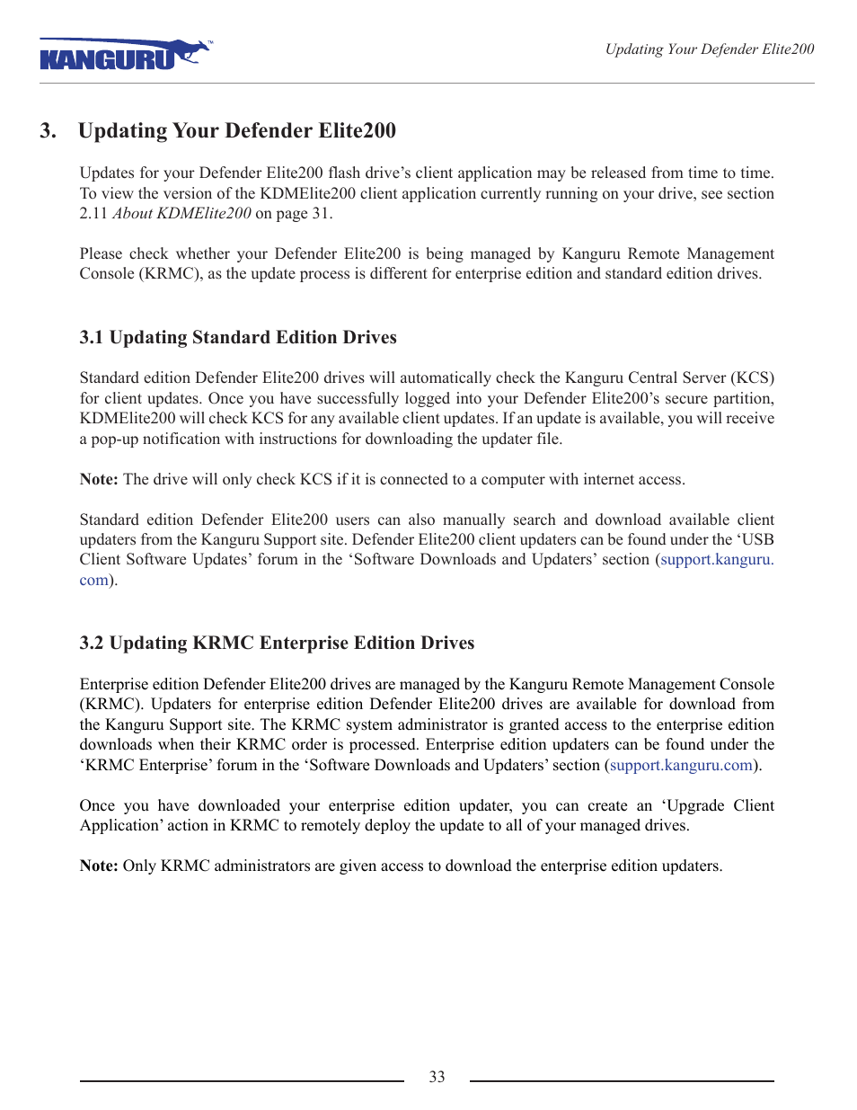 Updating your defender elite200, 1 updating standard edition drives, 2 updating krmc enterprise edition drives | Kanguru Defender Elite200 User Manual | Page 33 / 40
